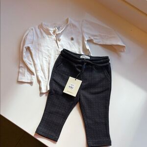 White Long Sleeve Shirt and Gray Pants Set 6 months New Tags Plaid Pants Boy